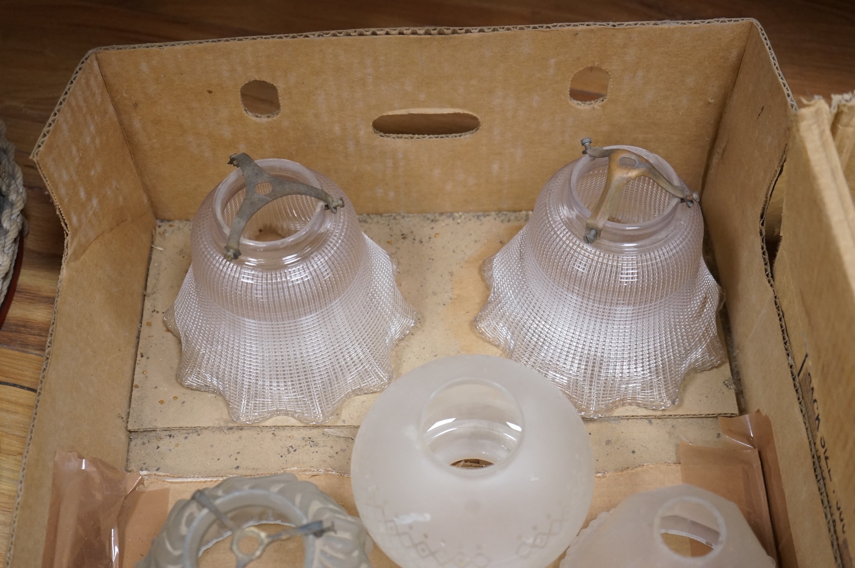 Three pair pairs various glass light shades and four single shades, to include a pair of French Art Deco Brevete S.G.D.G France et aL’Etranger